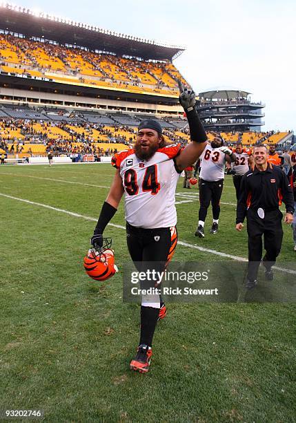 Domata Peko of the Cincinnati Bengals celebrates after their game against the Pittsburgh Steelers at Heinz Field on November 15, 2009 in Pittsburgh,...