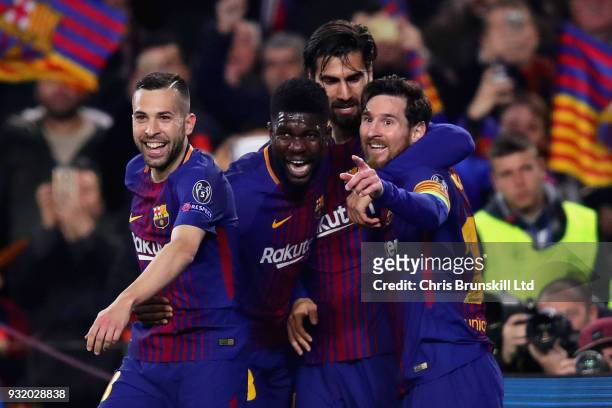 Lionel Messi of FC Barcelona celebrates after scoring his sides third goal with teammates Samuel Umtiti, Andre Gomes and Jordi Alba during the UEFA...