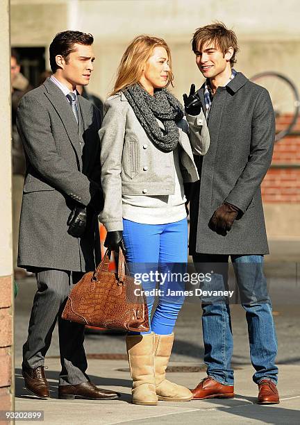 Ed Westwick, Blake Lively and Chace Crawford is seen filming on location for "Gossip Girl" in Manhattan on November 18, 2009 in New York City.