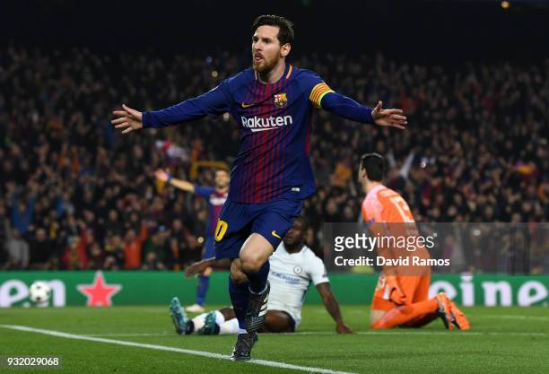 Lionel Messi of Barcelona celebrates as he scores their third goal during the UEFA Champions League Round of 16 Second Leg match FC Barcelona and...