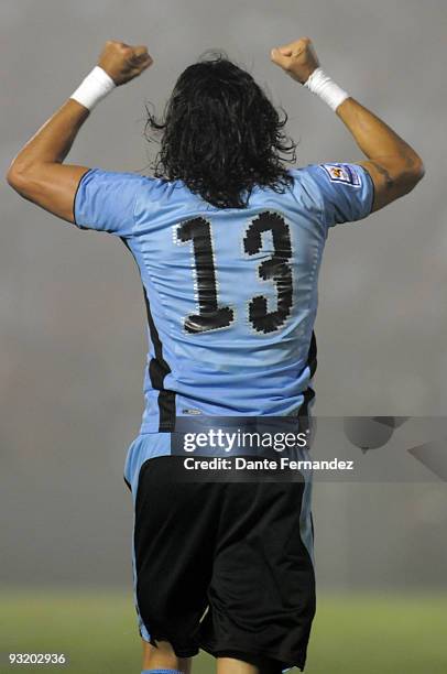 Sebastian Abreu of Uruguay celebrates scored goal during their match as part of the 2010 World Cup Qualifiers at the Centenario Stadium on November...