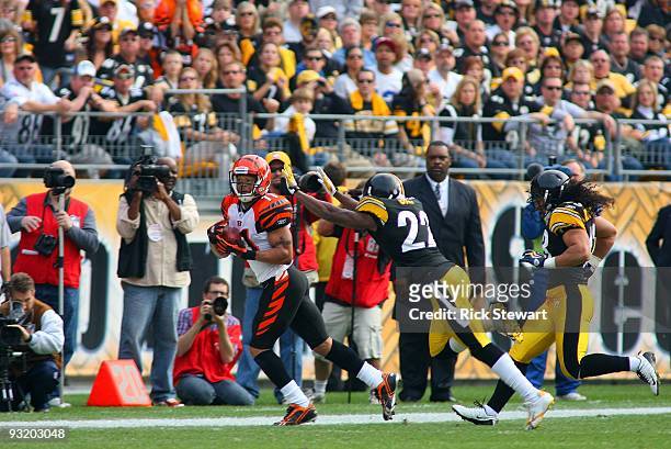 Laveranues Coles of the Cincinnati Bengals makes a catch reception against the Pittsburgh Steelers during their game at Heinz Field on November 15,...