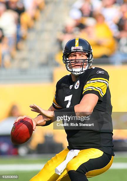 Quarterback Ben Roethlisberger of the Pittsburgh Steelers looks to make a pass play during their game against the Cincinnati Bengals at Heinz Field...