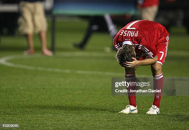 Logan Pause of the Chicago Fire reacts after a loss to Real Salt Lake during the MLS Eastern Conference Championship at Toyota Park on November 14,...