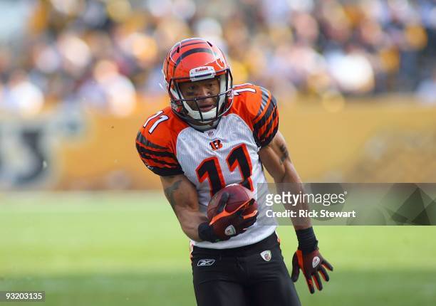 Laveranues Coles of the Cincinnati Bengals runs with the ball for yardage during their game against the Pittsburgh Steelers at Heinz Field on...