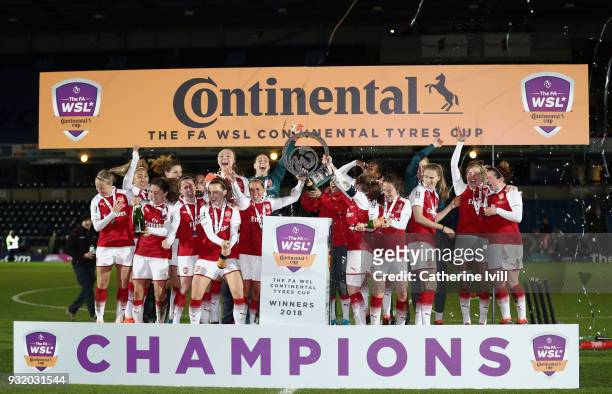 The Arsenal squad lift the Continental Cup after winning the WSL Continental Cup Final between Arsenal Women and Manchester City Ladies at Adams Park...