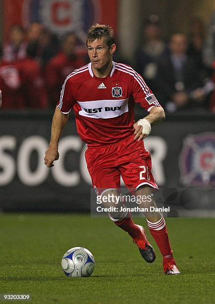 Brian McBride of the Chicago Fire controls the ball against Real Salt Lake during the MLS Eastern Conference Championship at Toyota Park on November...