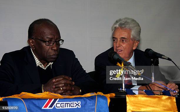 President of CONCACAF Jack Warner and President of FEMEXFUT Justino Compean speak during a press conference after the inspection of the University...