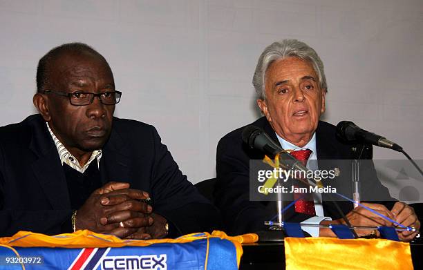 President of CONCACAF Jack Warner and President of FEMEXFUT Justino Compean speak during a press conference after the inspection of the University...