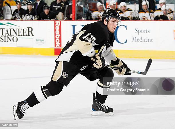 Christopher Bourque of the Pittsburgh Penguins skates up ice against the Boston Bruins on November 14, 2009 at Mellon Arena in Pittsburgh,...