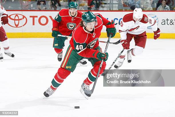 Danny Irmen of the Minnesota Wild skates in his first NHL game against the Phoenix Coyotes at the Xcel Energy Center on November 18, 2009 in Saint...