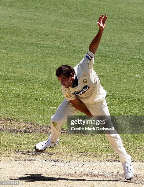 John Hastings of the Bushrangers sends down a delivery during day three of the Sheffield Shield match between the Victorian Bushrangers and the...