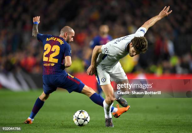 Marcos Alonso of Chelsea is challenged by Aleix Vidal of Barcelona during the UEFA Champions League Round of 16 Second Leg match FC Barcelona and...