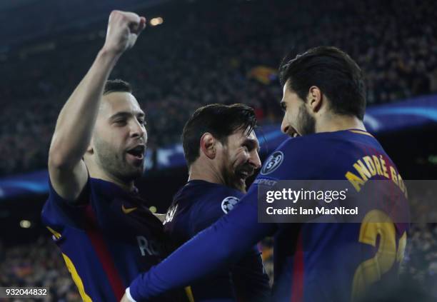 Lionel Messi of FC Barcelona celebrates after he scores his team's third goal during the UEFA Champions League Round of 16 Second Leg match FC...