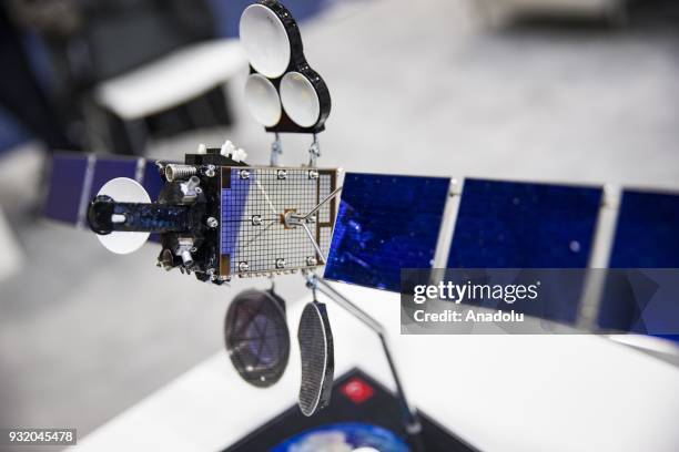 Model satellite is on display at the booth for Turkish satellite makers at the Satellite 2018 Exhibition in Washington, USA on March 14, 2018.