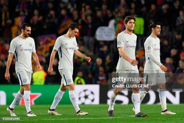 Chelsea's Italian defender Davide Zappacosta, Chelsea's Danish defender Andreas Christensen, Chelsea's Spanish defender Marcos Alonso and Chelsea's...