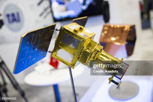 Model satellite is on display at the booth for Turkish satellite makers at the Satellite 2018 Exhibition in Washington, USA on March 14, 2018.
