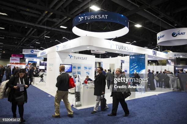 The Turksat section at the booth for Turkish satellite makers at the Satellite 2018 Exhibition in Washington, USA on March 14, 2018.