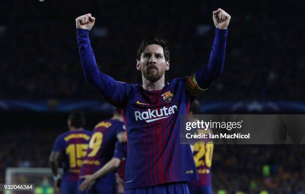 Lionel Messi of FC Barcelona celebrates after he scores his team's third goal during the UEFA Champions League Round of 16 Second Leg match FC...