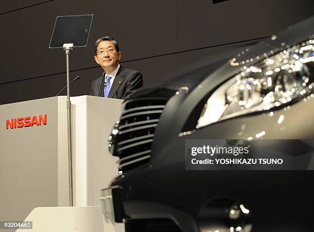 Of Japanese auto giant Nissan Motor, Toshiyuki Shiga , speaks at the launch of the company's new luxury sedan "Fuga", equipped with 2.5 or 3.7-litre...