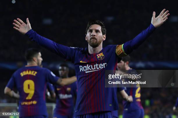 Lionel Messi of FC Barcelona celebrates after he scores his team's third goal during the UEFA Champions League Round of 16 Second Leg match FC...