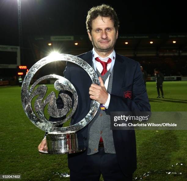 Arsenal manager Joe Montemurro poses with the trophy during the WSL Continental Cup Final between Arsenal Women and Manchester City Ladies at Adams...