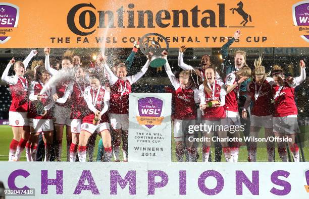 Arsenal Ladies v Manchester City Women - Arsenal Women celebrates with the trophy during the WSL Continental Cup Final between Arsenal Women and...