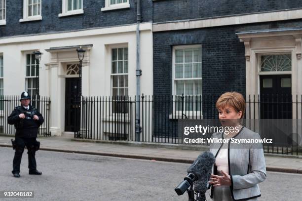 Nicola Sturgeon, the Scottish first minister, speaks to the media outside 10 Downing Street after a Joint Ministerial Committee meeting hosted by...