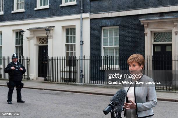 Nicola Sturgeon, the Scottish first minister, speaks to the media outside 10 Downing Street after a Joint Ministerial Committee meeting hosted by...