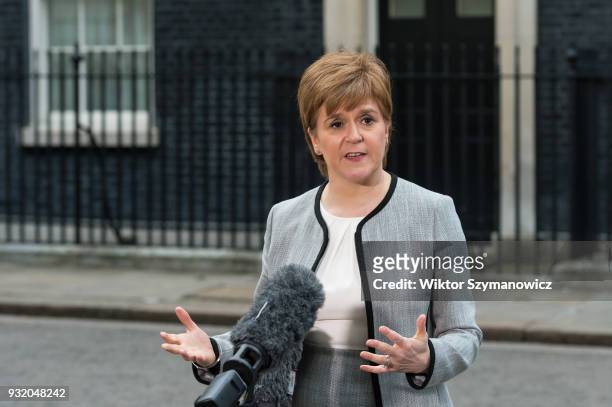Nicola Sturgeon, the Scottish first minister, speaks to the media outside 10 Downing Street after a Joint Ministerial Committee meeting hosted by...