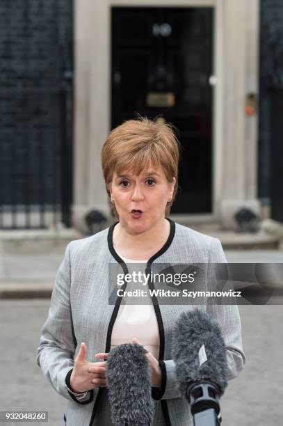 Nicola Sturgeon, the Scottish first minister, speaks to the media outside 10 Downing Street after a Joint Ministerial Committee meeting hosted by...