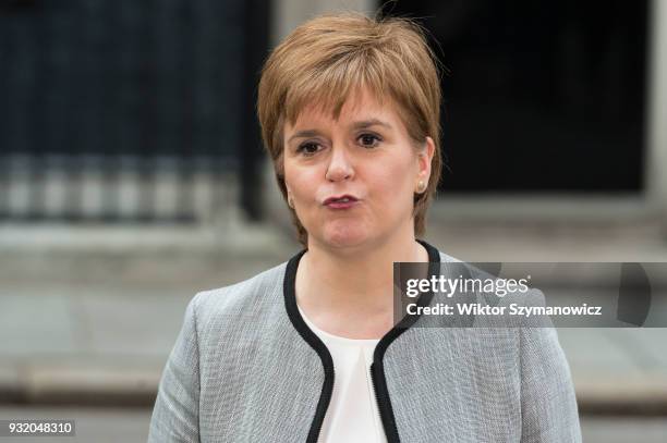 Nicola Sturgeon, the Scottish first minister, speaks to the media outside 10 Downing Street after a Joint Ministerial Committee meeting hosted by...