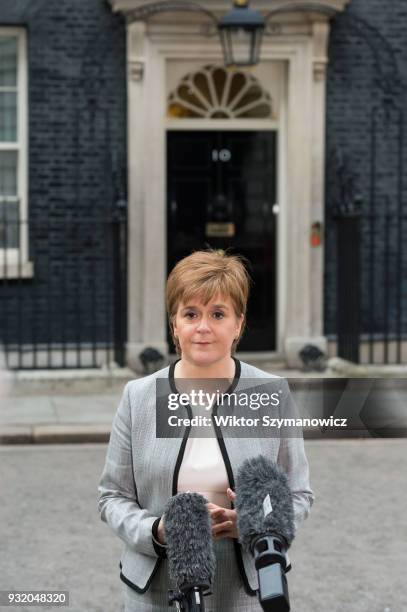 Nicola Sturgeon, the Scottish first minister, speaks to the media outside 10 Downing Street after a Joint Ministerial Committee meeting hosted by...