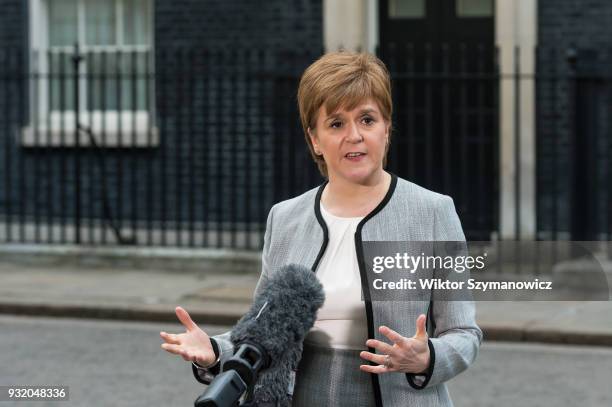 Nicola Sturgeon, the Scottish first minister, speaks to the media outside 10 Downing Street after a Joint Ministerial Committee meeting hosted by...