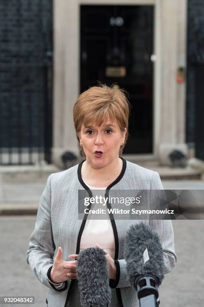 Nicola Sturgeon, the Scottish first minister, speaks to the media outside 10 Downing Street after a Joint Ministerial Committee meeting hosted by...