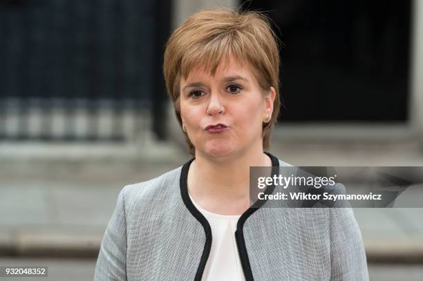 Nicola Sturgeon, the Scottish first minister, speaks to the media outside 10 Downing Street after a Joint Ministerial Committee meeting hosted by...