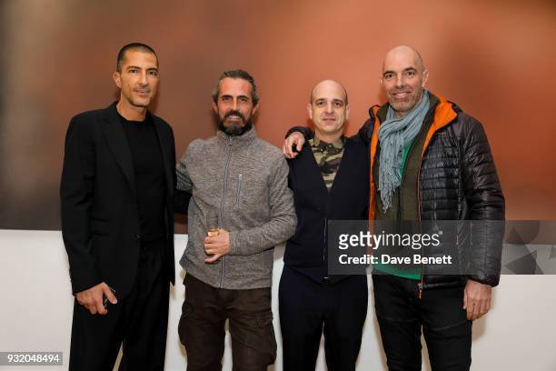 Wissam Al Mana, Miaz Brothers and Steve Lazarides attend the private view and wine tasting event of Miaz Brothers: Anonymous at Lazinc on March 14,...