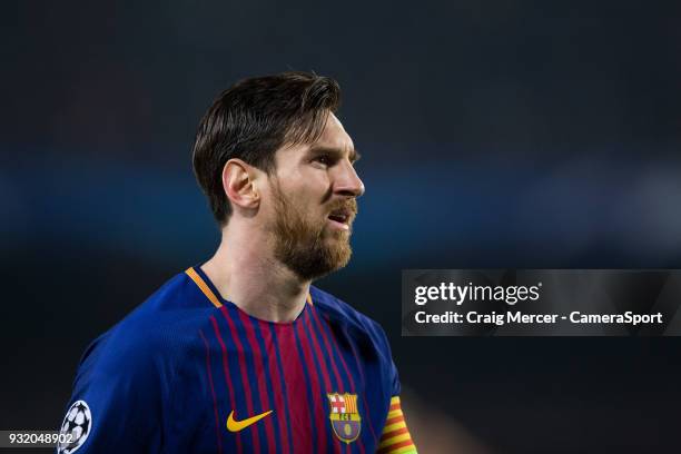 Barcelonas Lionel Messi during the UEFA Champions League Round of 16 Second Leg match FC Barcelona and Chelsea FC at Camp Nou on March 14, 2018 in...