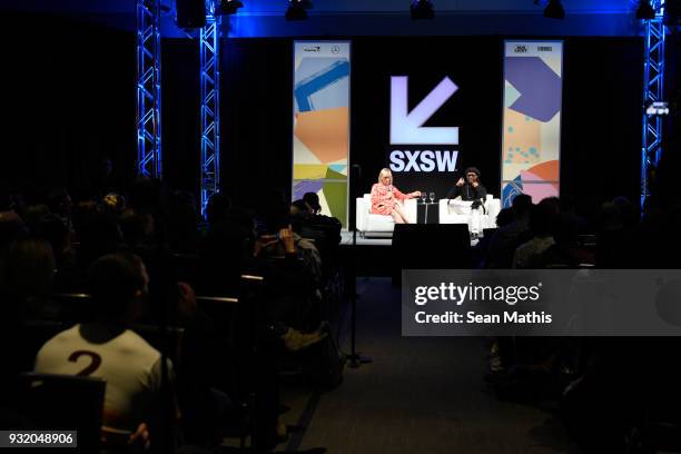 Jo Whiley and Nile Rodgers speak onstage at Music Business 101 - A Q&A with Legendary Music Icon Nile Rodgers during SXSW at Austin Convention Center...