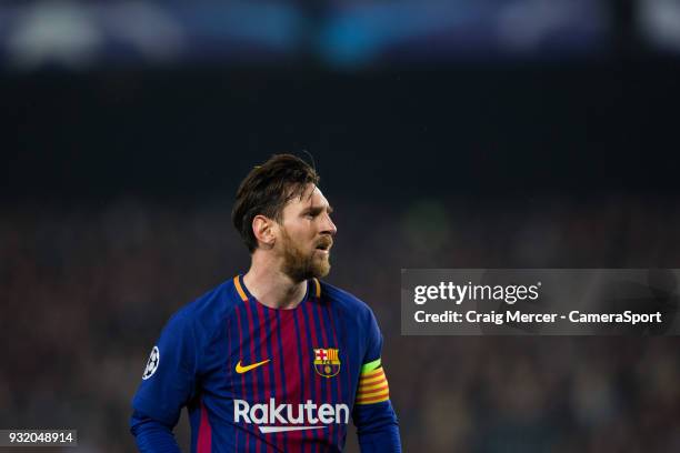 Barcelonas Lionel Messi during the UEFA Champions League Round of 16 Second Leg match FC Barcelona and Chelsea FC at Camp Nou on March 14, 2018 in...