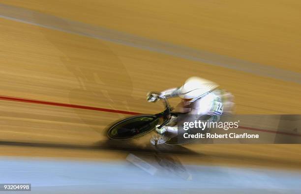 Anna Meares of Australia competes in the women's Sprint Qualifier during day one of 2009 UCI Track World Cup at Hisense Arena on November 19, 2009 in...