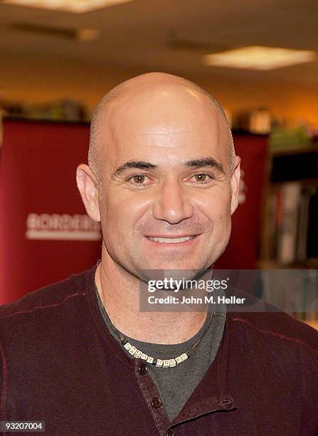 Andre Agassi signs copies of his new book ''Open: An Autobiography'' at the Borders Book Store on November 18, 2009 in Century City, California.