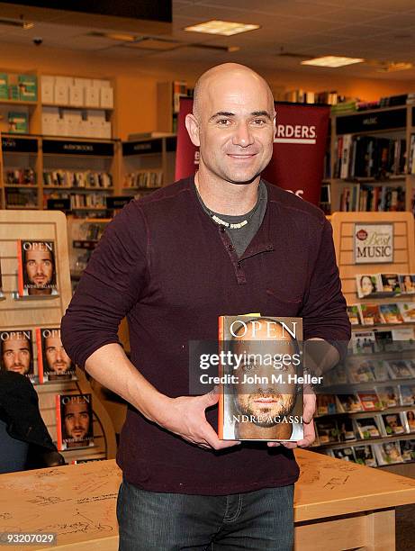 Andre Agassi signs copies of his new book ''Open: An Autobiography'' at the Borders Book Store on November 18, 2009 in Century City, California.