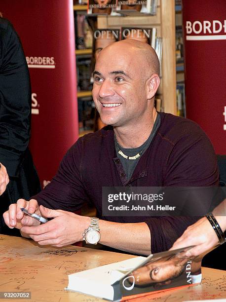 Andre Agassi signs copies of his new book ''Open: An Autobiography'' at the Borders Book Store on November 18, 2009 in Century City, California.