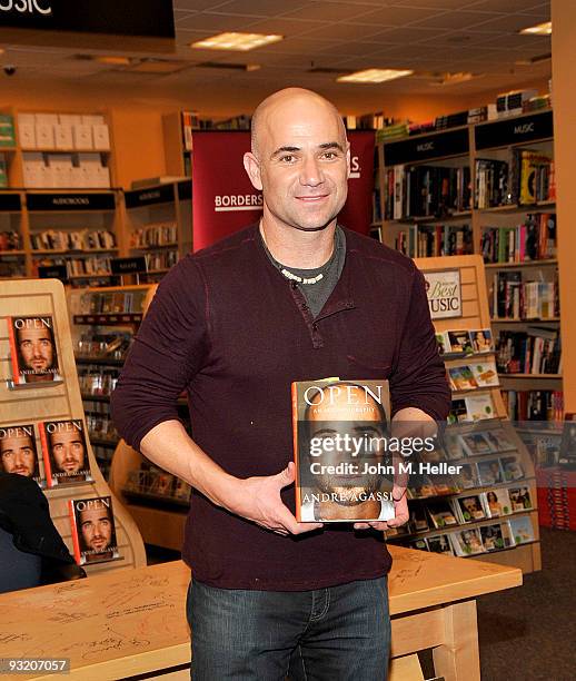 Andre Agassi signs copies of his new book ''Open: An Autobiography'' at the Borders Book Store on November 18, 2009 in Century City, California.