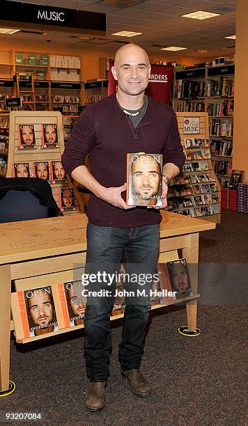 Andre Agassi signs copies of his new book ''Open: An Autobiography'' at the Borders Book Store on November 18, 2009 in Century City, California.