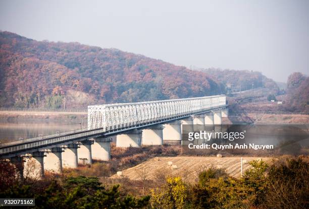 freedom bridge on the border of south and north korea - north korea military stock-fotos und bilder