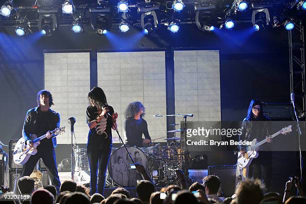 Musicians Dean Fertita, Alison Mosshart, Jack White and Jack Lawrence of The Dead Weather perform onstage at the 2009 mtvU Woodie Awards at Roseland...