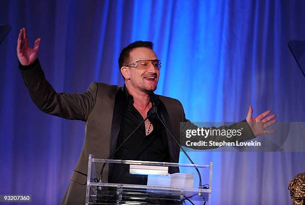 Singer Bono attends the RFK Center Ripple of Hope Awards dinner at Pier Sixty at Chelsea Piers on November 18, 2009 in New York City.