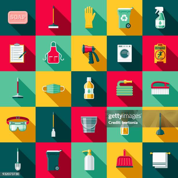 cleaning supplies flat design icon set with side shadow - safety glasses at home stock illustrations